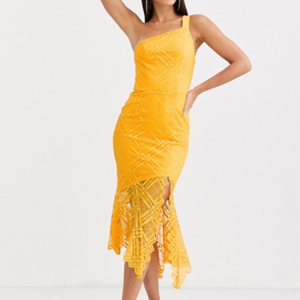 Saffron One Shoulder Grid Lace Midi Dress 🌼 NWT